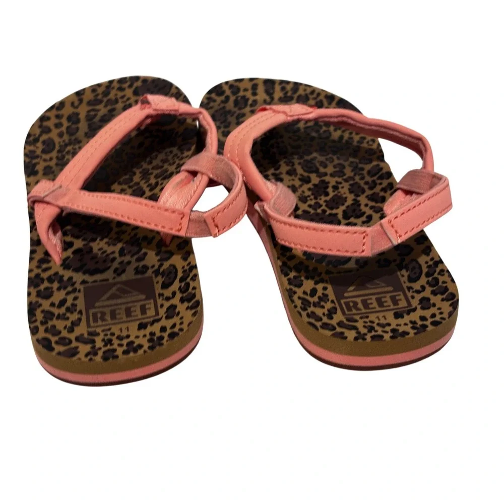 Reef Little Ahi Peach Leopard Print Sandals Backstrap Girls Size 11 beach